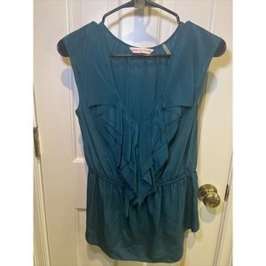 Rebecca Taylor Teal Silk Ruffled V-Neck Tank Size 6